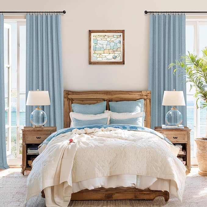 Dusty Blue Blackout Curtains for Living Room 84 Inch Length 2 Panel Farmhouse Linen Textured Thermal Darkening Blocking Light Blue Curtain Drapes for Bedroom Grayish Blue Grey 52x84 Long Back Tab
