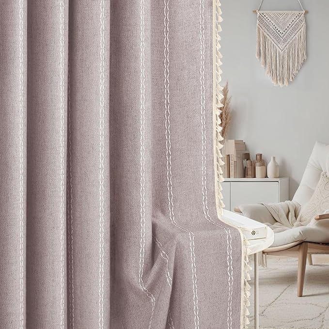 Purple Boho Blackout Curtains 2 Panels 84 Inch for Living Room Bedroom, Purple Linen Texture Farmhouse Curtains with Tassels and White Cotton Embroidery Vintage Rustic Country Western