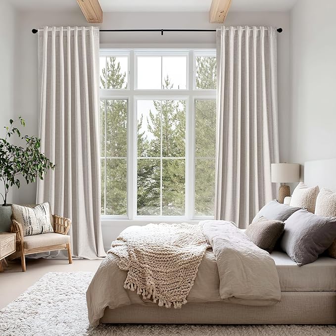 MIULEE 100% Blackout Linen Curtains for Bedroom, Ivory Solid Luxury Decor Thermal Insulation Room Darkening Drapes for Living Room Nursery Back Tab Rod Pocket 42 x 63 Inches, 2 Panels