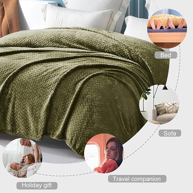 Exclusivo Mezcla Fleece Twin Size Blanket for Bed, 60x80 Inches Soft Cozy Jacquard Flannel Blankets, Lightweight Fuzzy Plush Warm for Women, Olive Green