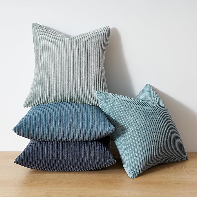 Topfinel BlueGray Decorative Throw Pillow Covers 16x16 Inch Set of 4,Soft Accent Corduroy Striped Gradient Color Small Cushion Cover for Beach,Patio,Balcony,Couch Living Room,Summer Home Decor