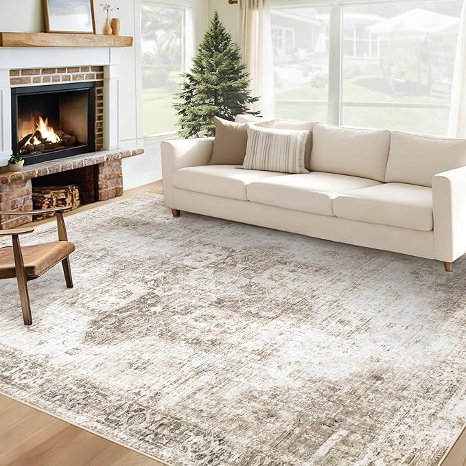 Area Rug 6x9 Washable Rug, Vintage Boho Medallion Rugs Non-Slip Soft Low Pile Large Distressed Rug Indoor Retro Carpet for Living Room Bedroom Dining Room Home Office (Taupe, 6'x9')