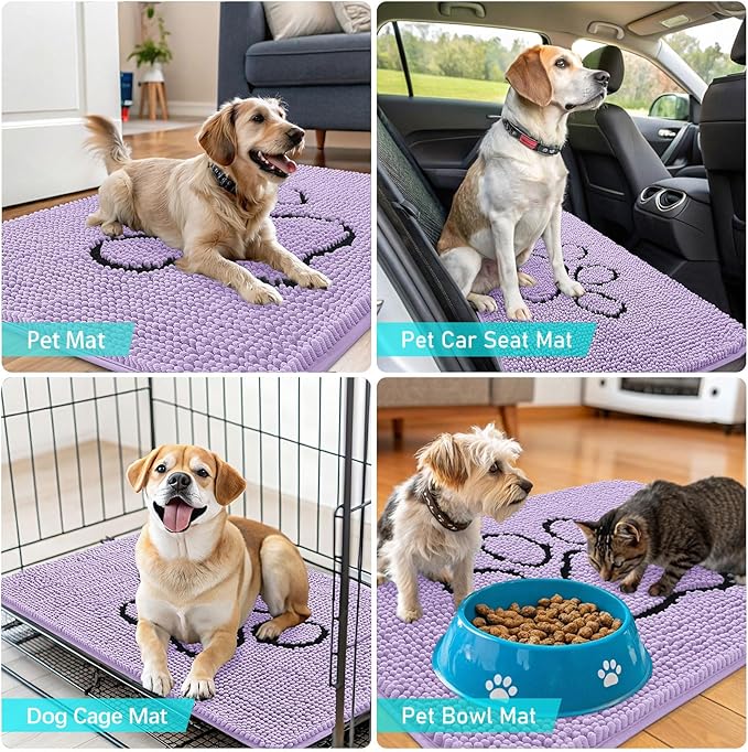 OLANLY Dog Door Mat for Muddy Paws 48x30, Paw Print Design, Absorbs Moisture and Dirt, Absorbent Non-Slip Washable Doormat, Quick Dry Chenille Mud Mat for Dogs, Entry Indoor Entryway Carpet, Lavender