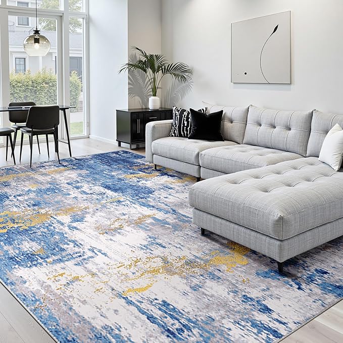 Washable Area Rugs 10'x14' Non-Slip Modern Abstract Soft for Living Room Entryway Bedroom Nursery, Print Pattern, Grey Blue Gold/Golden