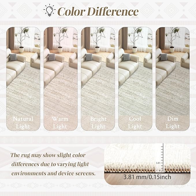 Living Room Rugs 8x10: Washable Moroccan Geometric Boho Rug Farmhouse Non Slip Stain Resistant Large Rug Low Pile Soft Carpet for Bedroom Dining Room Kids Room (Ivory Beige,8'x10')