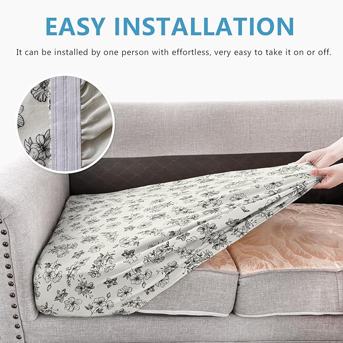 Leather Look Couch Cushion Covers Sofa Seat Slipcovers Sets Couches Furniture Protector for Sectional Armchair Loveseat Pets Kids Stretch Spandex Fabric (3 Cushion Sofa, Beige 01Flower)