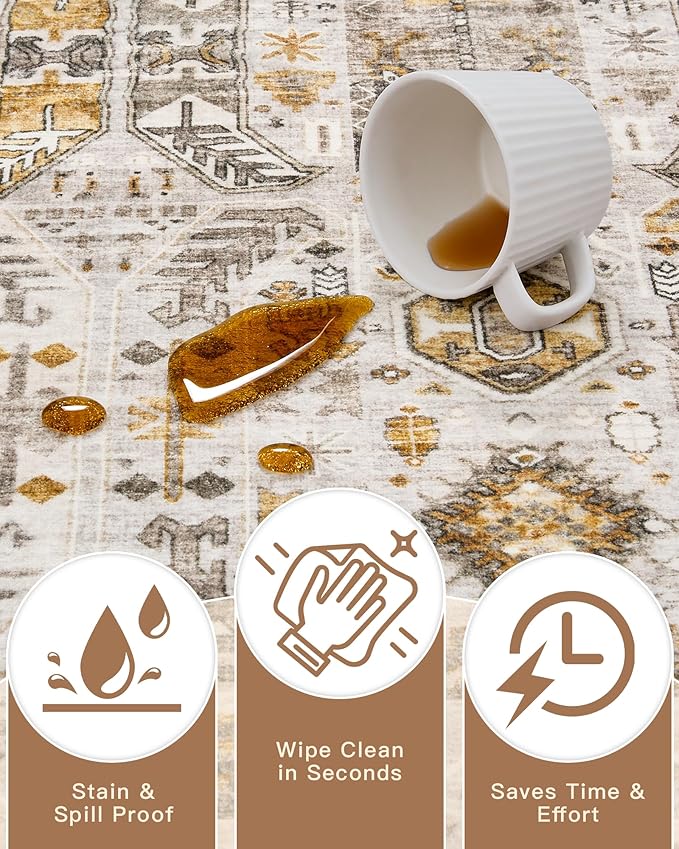 Madane Hallway Runner Rug 3x16 - Vintage Non Slip Washable 16ft Kitchen Runner for Entrance Soft Long Carpet Runners for Living Room Bathroom Low Pile Floor Mat for Bedroom Dining Room, Brown/Gold