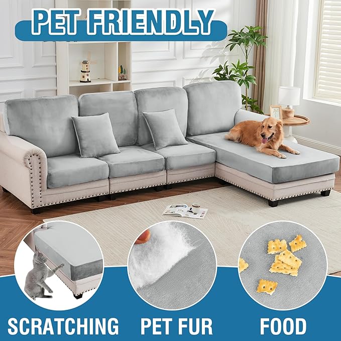 Couch Cover 8-Piece Elastic Velvet Couch Cushion Covers & Chaise Slipcovers for L-Shaped Sofas - Sofa Seat Covers Washable, Soft Protector for Couches (7 Seater + Chaise, Light Grey)