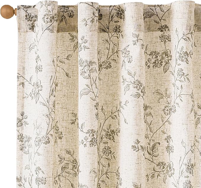 Lazzzy Grey Floral Linen Curtains 84 Inch Farmhouse Back Tab Drapes for Living Room Bedroom Light Filtering Vintage Grandmillennial Rod Pocket Curtains, 2 Panels, W38 x L84, Grey on Beige
