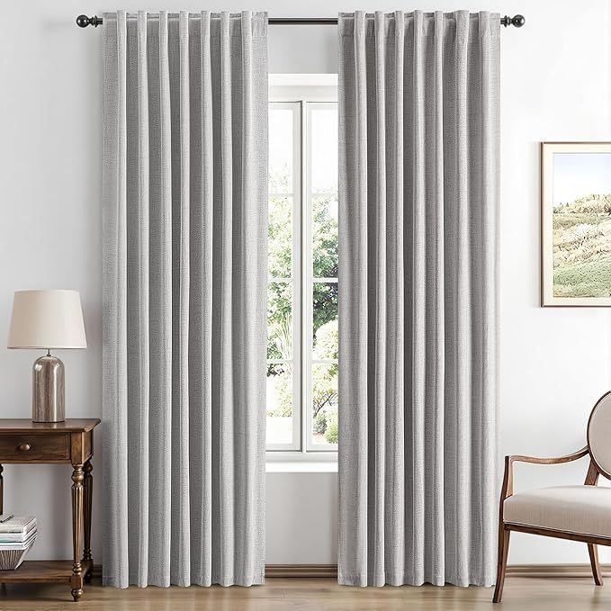 MIULEE 100% Blackout Linen Curtains for Bedroom, Greyish White Solid Luxury Decor Thermal Insulation Room Darkening Drapes for Living Room Nursery Back Tab Rod Pocket 42 x 84 Inches, 2 Panels