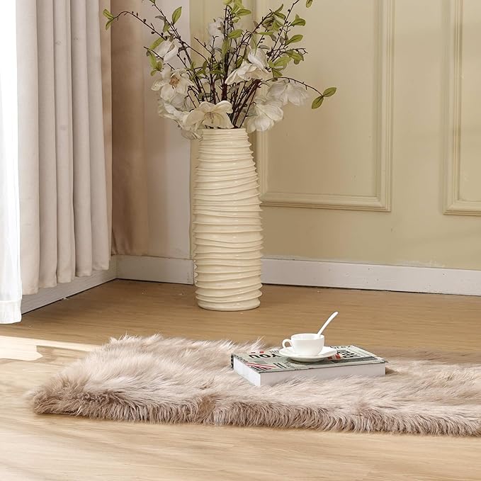 Goolela Fluffy Faux Fur Rug for Bedroom Light Brown Beige 2x3 Furry Fuzzy Sheepskin Rug Small Shaggy Area Rug for Office Playroom Decor Washable Rectangle