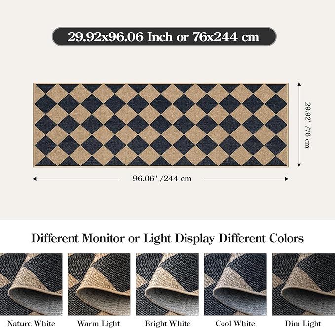 Lahome Colette Checkered Easy Jute Runner Rug, 2x8 Hallway Kitchen Runner Rug Non Slip Washable Outdoor Carpet for Entryway Indoor, Checkerboard Black Indoor Outdoor Carpet for Hallway 8ft Entry