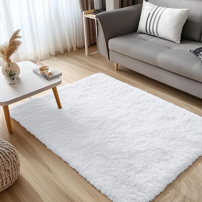 OLANLY 3x4 Machine Washable Accent Rug, Soft Fluffy Shaggy Area Rug for Bedroom, Living Room, Indoor Floor Carpet for Kids, Nursery, Home Decor, White