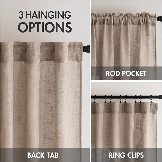 MIULEE Taupe Linen Curtains 72 Inch Length 2 Panels for Bedroom Living Room, Soft Thick Linen Textured Window Drapes Semi Sheer Light Filtering Back Tab Rod Pocket Burlap Look Decor, W37xL72