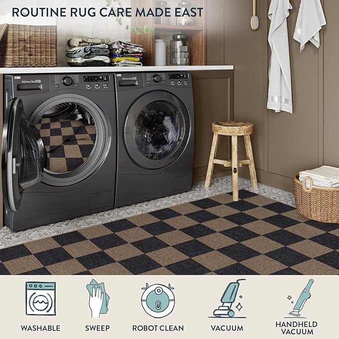Lahome Colette Checkered Easy Jute 3x5 Rug, Washable Rugs for Living Room Entryway Farmhouse Non Slip Black Outdoor Carpet, Checkerboard Indoor Door Mat for Entry Patio Deck