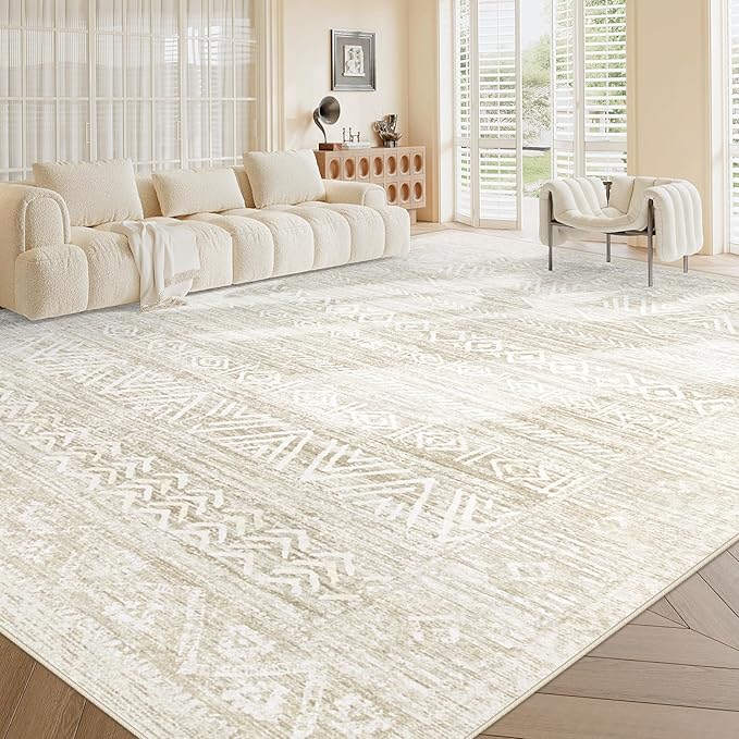 Living Room Rugs 9x12: Washable Moroccan Geometric Boho Rug Farmhouse Non Slip Stain Resistant Large Rug Low Pile Soft Carpet for Bedroom Dining Room Kids Room (Ivory Beige,9'x12')