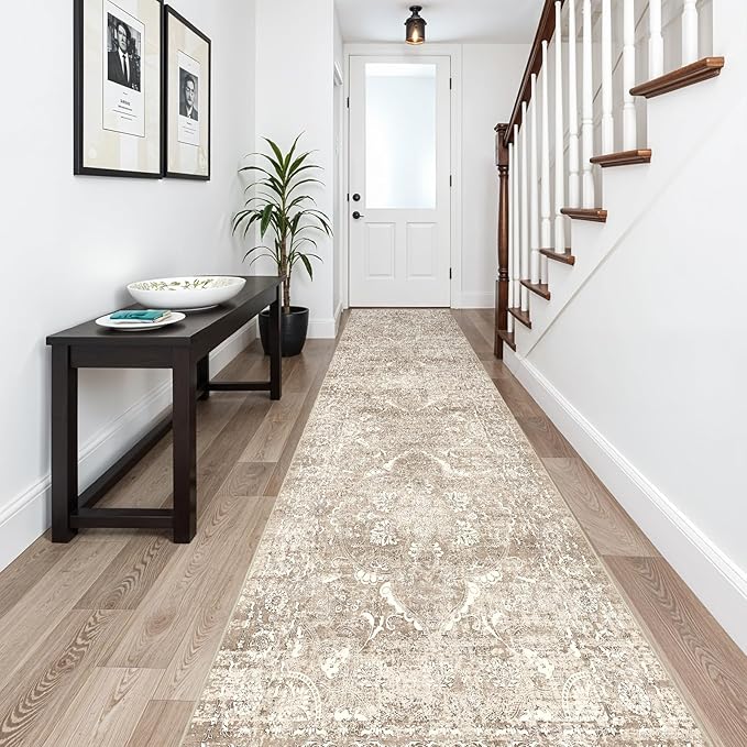 2'6"x14' Washable Hallway Runner Rug - Non Slip Kitchen Runner Rugs with Rubber Backing Vintage Low-Pile Carpet Runners for Entryway Dining Room Laundry Room Home Decor (Beige)
