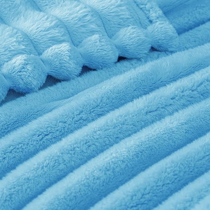 Exclusivo Mezcla Queen Size Flannel Fleece Blanket, Super Soft Striped Jacquard Bed Blanket, Lightweight Fuzzy Cozy for All Seasons, 90x90 Inches, Blue