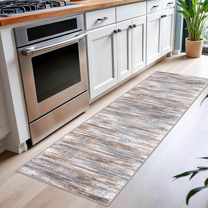 KOZYFLY Modern Abstract Kitchen Runner Rug, 2x6 Washable Rug Runner Non-Slip Soft Striped Hallway Runner Rugs, Grey Brown Print Carpet Runner for Entryway Bathroom Laundry Room Foyer
