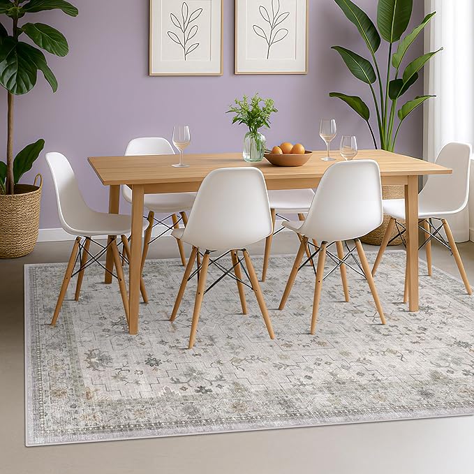 Hazo Haus Boho Light Grey Living Room Rug 8x10 - Modern Vintage Eclectic Floral Pastel Neutral Taupe, Washable Low Pile Non-Slip Extra Large Area Rugs for Dining Under Table Bedroom Lounge