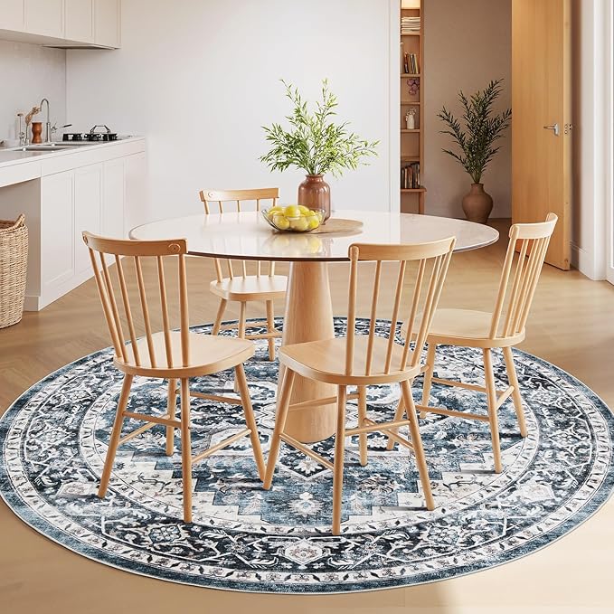 AMADA HOMEFURNISHING Round 5ft Area Rugs, Low-Profile Washable Rug with Non-Slip Backing & Durable Edge Binding, Vintage Rugs for Living Room, Bedroom, Dinning Room