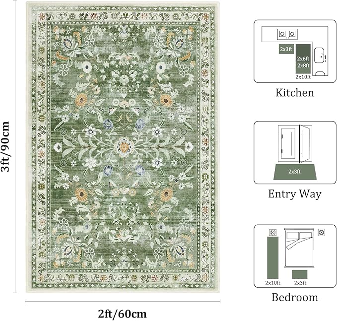 Yamaziot Washable Runner Rug 2x3 – Floral Non Slip Small Entryway Rug with Rubber Backing, Low Pile Faux Wool Distressed Carpet for Indoor Door Mat, Kitchen, Laundry Entrance, Green