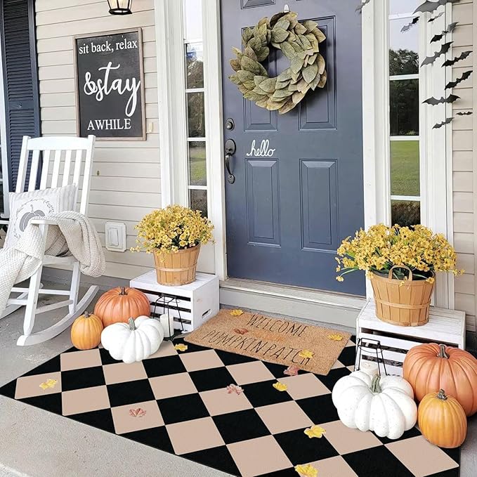 Black Tan Checkered Entry Rug - 3x5 Ft Non-Slip Washable Indoor Outdoor Front Door Mat Porch Rug Geometric Diamond Throw Carpet for Living Room Bedroom Entryway Kitchen Office Porch Decor