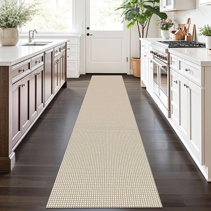 KOZYFLY Runners for Hallways 2x10 ft Washable Kitchen Runner Non Slip Rubber Backed Hallway Rugs Cotton Entryway Runner Rug Floor Carpet for Indoor Hall, Backdoor, Kitchen, Ivory/Khaki