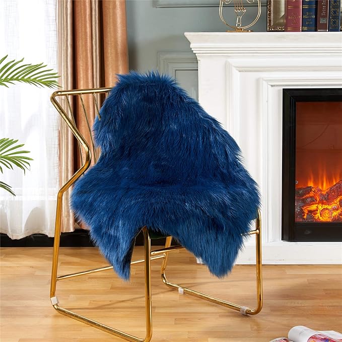 EasyJoy Ultra Soft Fluffy Shaggy Area Rug Faux Fur Rug Chair Cover Seat Pad Fuzzy Area Rug for Bedroom Floor Sofa Living Room (2 x 3 ft Sheepskin, Dark Blue)