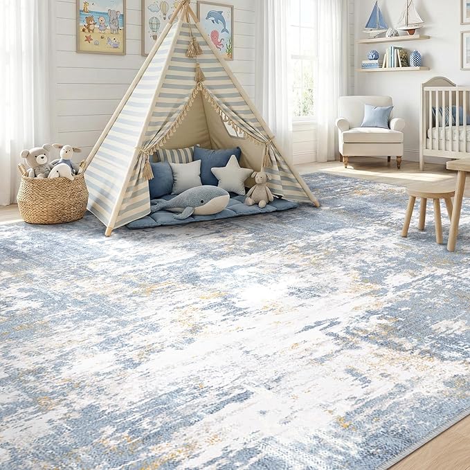 Washable Area Rugs 9'x12' Non-Slip Modern Abstract Soft for Living Room Entryway Bedroom Nursery, Print Pattern, Light Blue