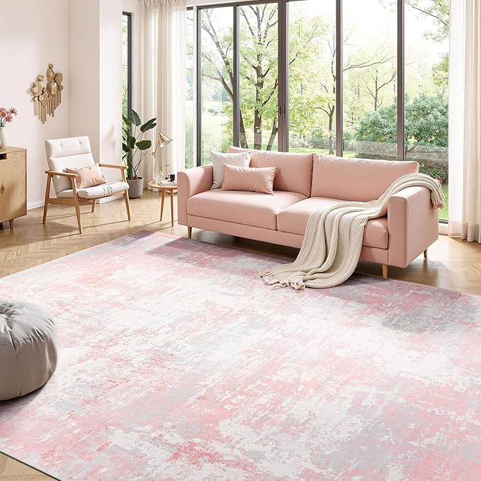 Rugflix 8x10 Area Rugs for Kids Girls Room, Washable Large Rug Stain-Resistant Low Pile, Modern Non Slip Carpet for Nursery Bedroom Living Room Home Office, Pink