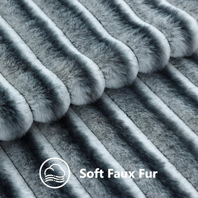 decorUhome Cozy Faux Fur Throw Pillow Covers 22x22 Set of 2 Decorative Soft Plush Striped Modern Farmhouse Boho Couch Euro Sham Pillow Cases with Velvet Back for Sofa Bed Living Roomr, Blue Grey