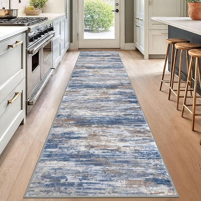 KOZYFLY Modern Abstract Washable Rug Runner 2.6x12 Hallway Rug Runner Non-Slip Soft Kitchen Runner Rugs, Blue Rust Striped Carpet for Entryway Bathroom Laundry Room Foyer