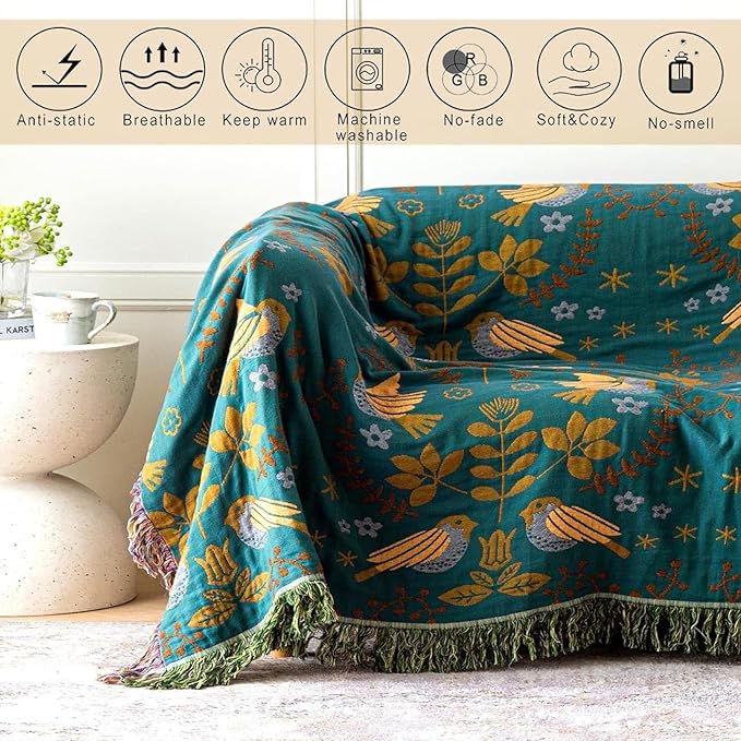 MSGKV Boho Throw Blanket 50"x60" Cotton Blanket for Couch and Sofa Cover for Living Room Spring Throw Decorative Woven Bird Blankets