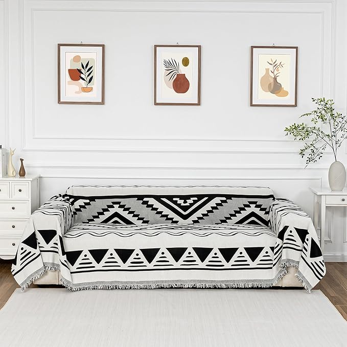 MYSKY HOME Sectional Couch Cover Black Boho Geometric Sofa Covers for Sectional Sofa L Shape Chenille Couch Protector for Dogs Pets Couch Throw Cover Washable Durable for Home Decor, 71" X118"