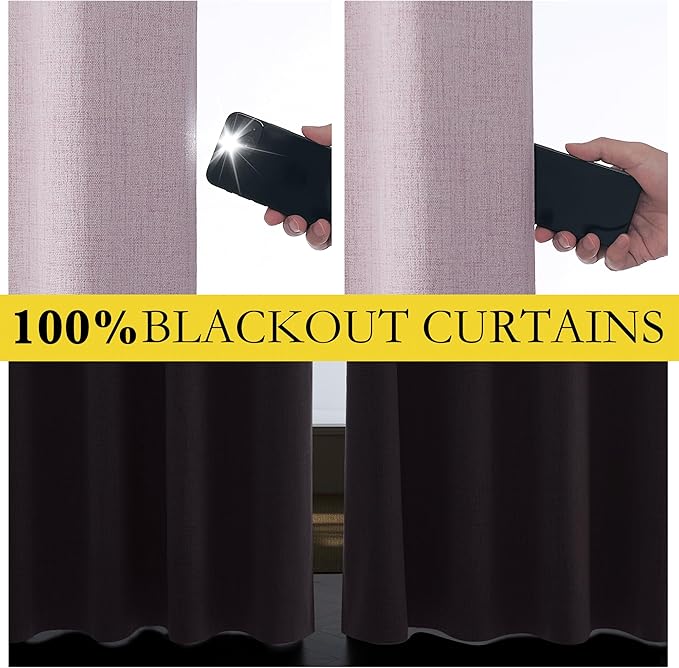 NICETOWN Pink Vintage Linen 100% Blackout Curtains for Living Room, Thermal Insulated Curtains 108“ Long, Noise Reducing Window Treatment Drapes for Home Office, 62" Wide Per Panel, Set of 2