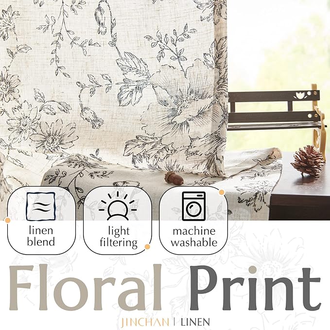 jinchan Linen Floral Curtains 96 Inch Length for Living Room Bedroom Light Filtering Farmhouse Peony Flower Drapes Rustic Window Curtain Set Rod Pocket Back Tab 2 Panels Black