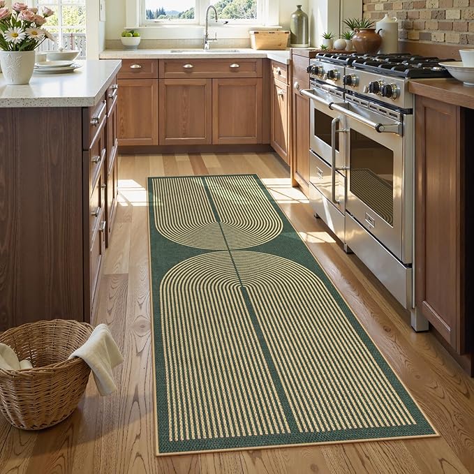 Lahome Enfys Modern Rainbow Easy Jute Entryway Runner Rug, Washable Carpet Runners for Hallway 6ft, Farmhouse Non Slip Stain Resistant Kitchen Mats for Floor Laundry Room Porch Bedroom, Dark Green