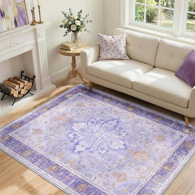 Area Rugs 4'x6' Washable Non-Slip, Floral Vintage Distress Print Pattern Medallion Carpet for Living Room Bedroom Dining Room, Light Purple Brown