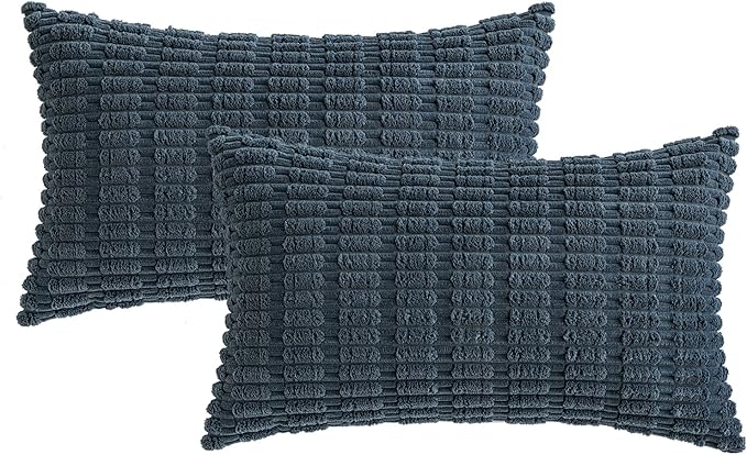 MIULEE Pack of 2 Corduroy Decorative Lumbar Throw Pillow Covers 20x12 Inch Soft Boho Striped Pillow Covers Modern Farmhouse Home Decor for Summer Coastal Sofa Living Room Couch Bed Blue