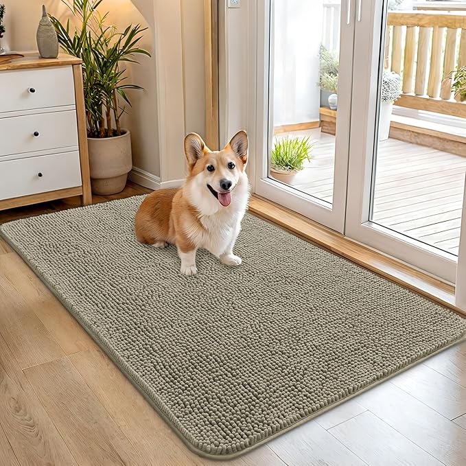 OLANLY Dog Door Mat for Muddy Paws 45x27, Absorbs Moisture and Dirt, Absorbent Non-Slip Washable Doormat, Quick Dry Chenille Mud Mat, Entry Indoor Entryway Carpet for Inside Floor, Warm Taupe