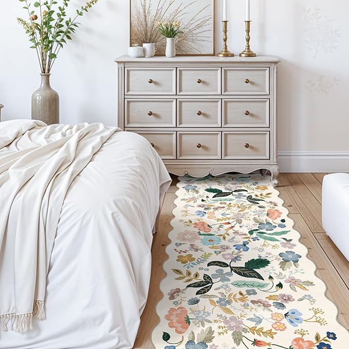 2x10 Washable Hallway Runner Rug: Long Floral Scalloped Soft Runners for Kitchen Entry Thin Non Slip Bathroom Nursery Floor Mat Water Resistant Low Pile 10ft Carpet for Living Room Bedroom(2x10,Cream)