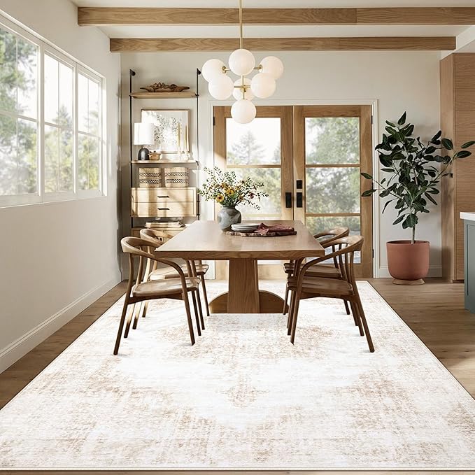 Area Rug 10x14 Vintage Rugs: Large Washable Living Room Rug Retro Medallion Distressed Soft Low Pile Non-Slip Rugs Indoor Floor Carpet for Bedroom Nursery Dining Table Office (Beige,10'x14')