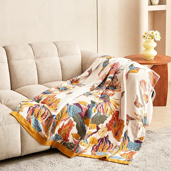 MSGKV Boho Throw Blanket for Couch and Sofa 50"x60" Cotton Throw Cover for Living Room with Floral and Butterfly, Spring Breathable&Lightweight Blanket