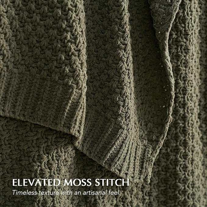EVERGRACEHOME Chunky Chenille Knit Throw Blanket for Couch, Soft Luxurious Oversized Queen Moss Stitch Blanket for Bed, Cozy Farmhouse Knitted Throw for Sofa, Olive Green, 90" x 90"