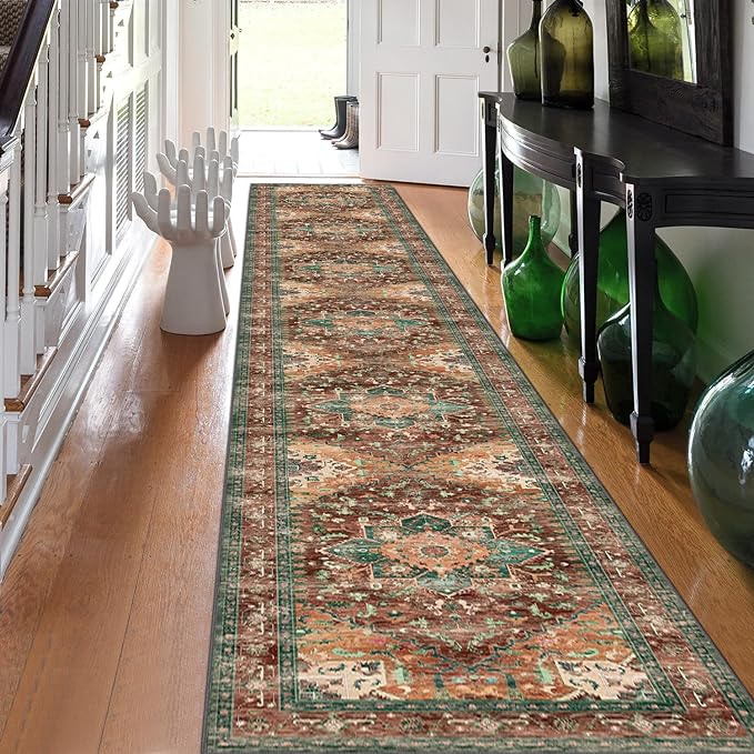 Washable Runner Rug, 2'3" x 14' Non-Slip Boho Vintage Hallway Rug Runner with Rubber Backing, Stain Resistant & Low Pile Faux Wool Distressed Carpet Runner for Bedroom, Kitchen, Laundry, Entrance