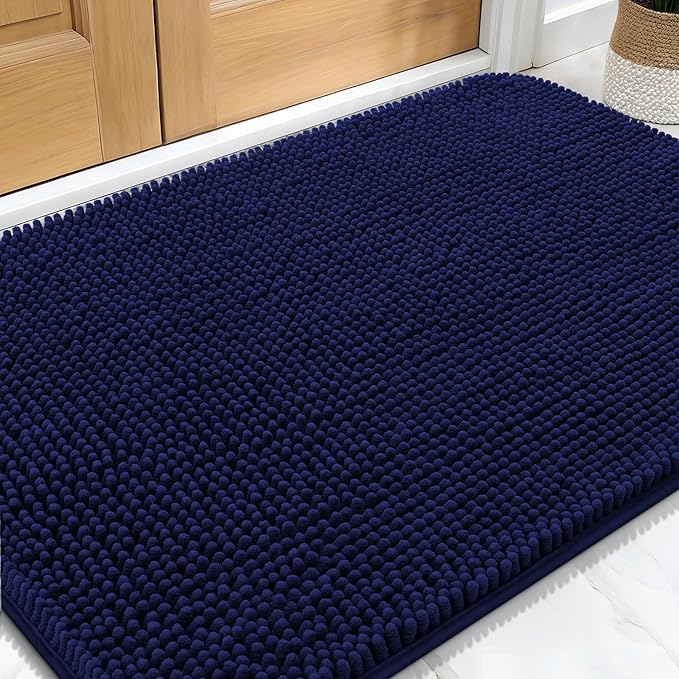 OLANLY Dog Door Mat for Muddy Paws 30x20, Absorbs Moisture and Dirt, Absorbent Non-Slip Washable Doormat, Quick Dry Chenille Mud Mat for Dogs, Entry Indoor Entryway Carpet for Inside Floor, Navy Blue