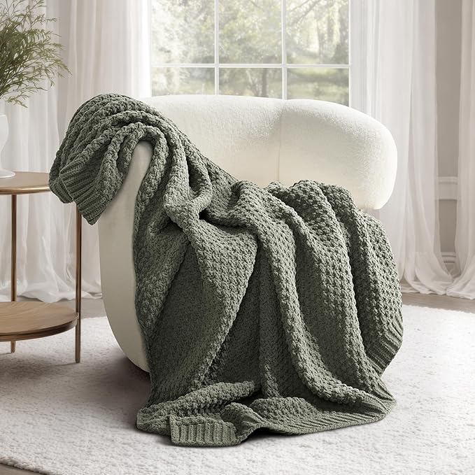 EVERGRACEHOME Chunky Chenille Knit Throw Blanket for Couch, Soft Luxurious Moss Stitch Blankets for Bed, Cozy Decorative Farmhouse Knitted Throws for Sofa, Dried Thyme Green, 60" x 80"