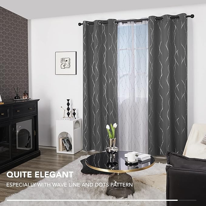 Deconovo Living Room Curtains, Blackout Drapes, Thermal Insulated Soundproof Panels, Modern Silver Wave Dots Print, 42 x 95 Inch Long, Machine Washable Panel for Bedroom Nursery, Set of 2, Light Grey