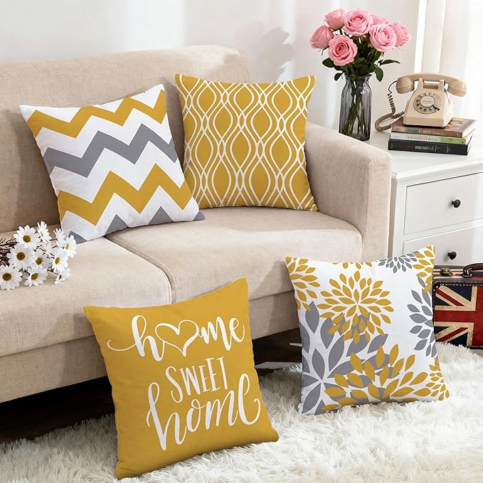 Hexagram Geometric Yellow Pillow Covers 20x20 Set of 4, Decorative Outdoor Boho Modern Throw Pillow Covers, Home Sweet Home Farmhouse Cushion Case for Couch Sofa Bedroom Indoor Decor(No Insert)